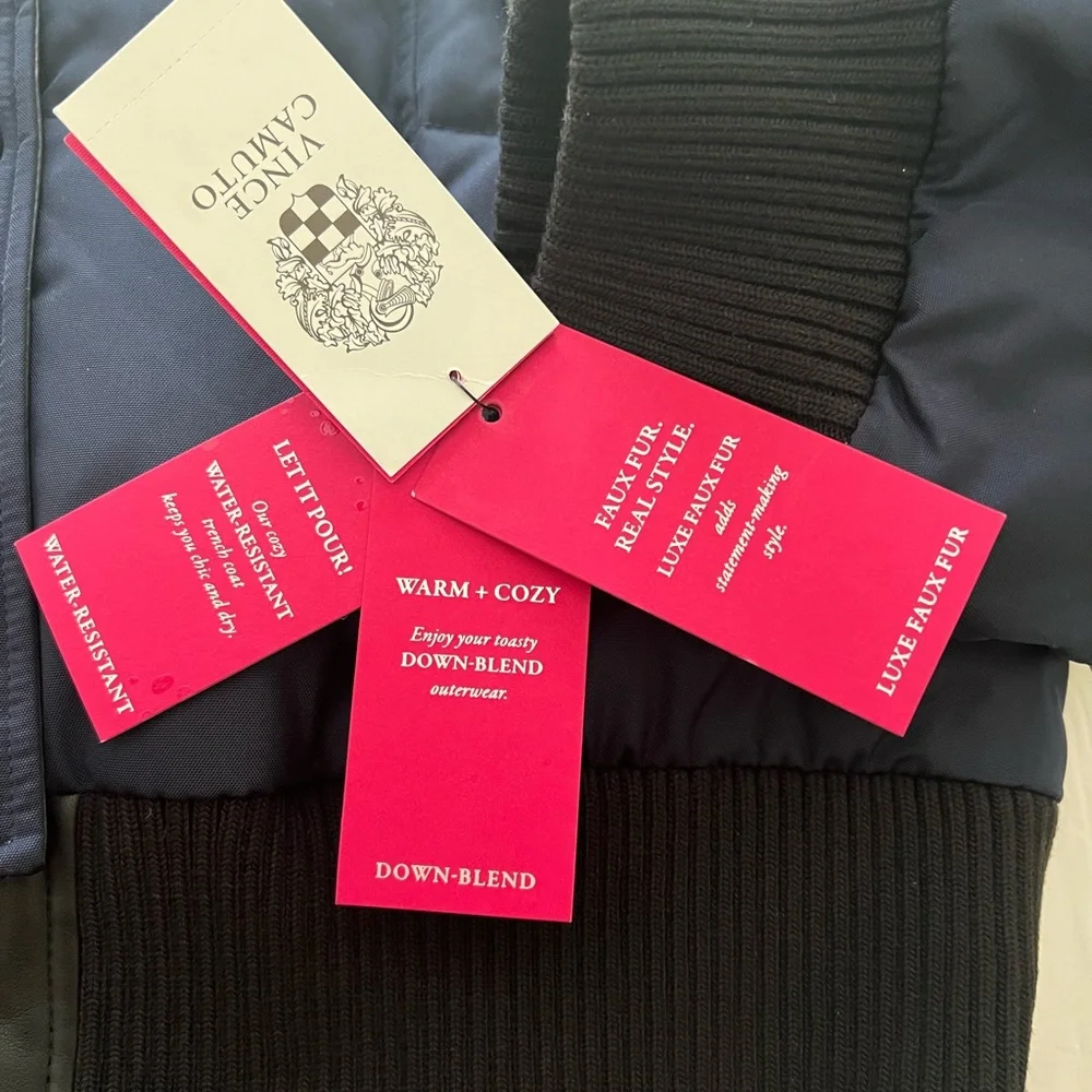 NWT Vince Camuto Quilted Down Fill Bomber Coat with Faux Fur Navy Black XL Women - Picture 13 of 16